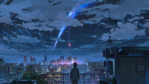 Your Name Anime Rooftop Scene With Meteor Shower Over Tokyo Cityscape HD wallpaper