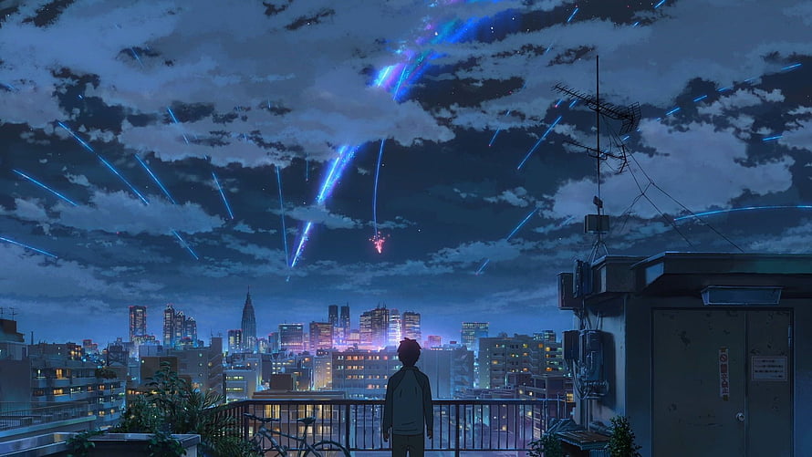 Your Name Anime Rooftop Scene With Meteor Shower Over Tokyo Cityscape HD wallpaper
