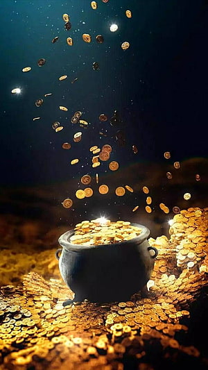 Pot of Gold Coins with Falling Currency in a Dark Fantasy Treasure Scene HD phone wallpaper