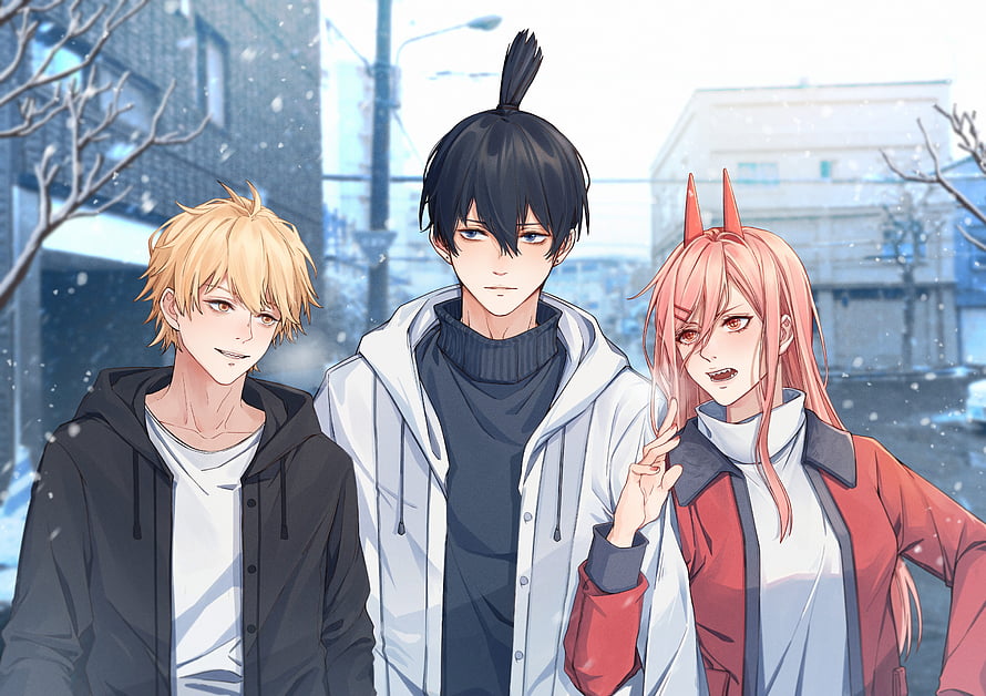 Denji, Aki Hayakawa, and Power from Chainsaw Man in a snowy urban street scene HD wallpaper