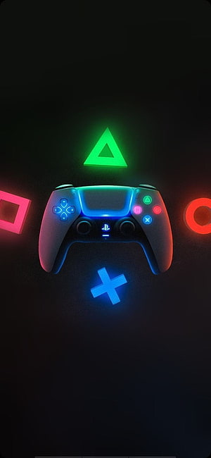 PlayStation 5 DualSense Controller with Neon Glowing Face Buttons on Dark Background HD phone wallpaper