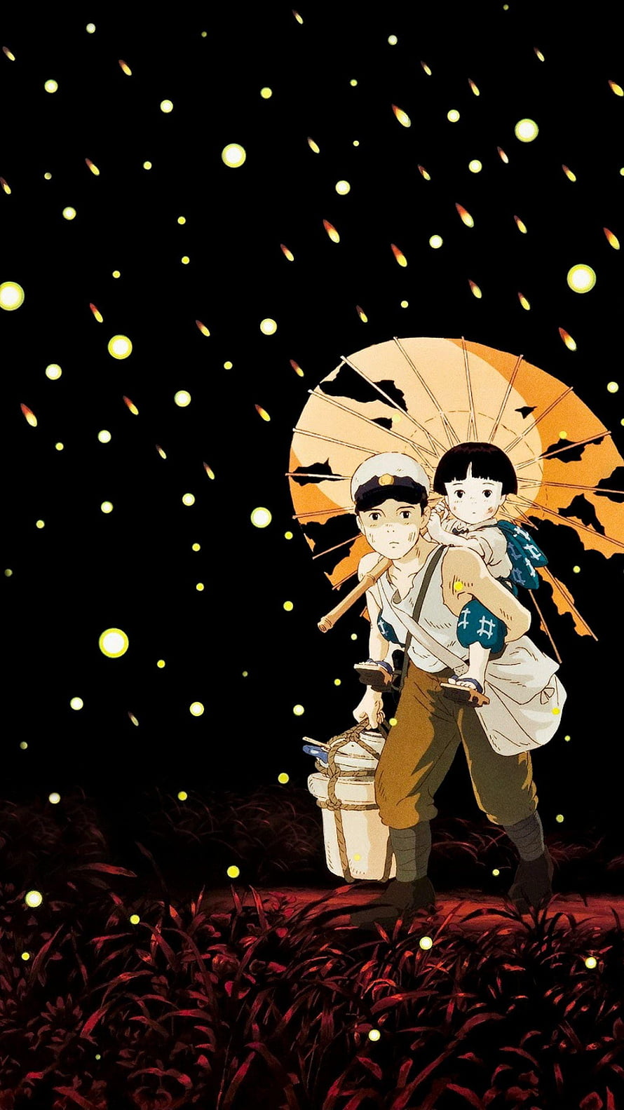 Grave of the Fireflies Anime Scene with Boy Carrying Sister Under Paper Umbrella Amidst Glowing Fireflies HD phone wallpaper