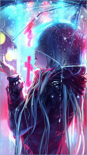 Anime Girl Holding Transparent Umbrella in Neon Rain at Night HD phone wallpaper