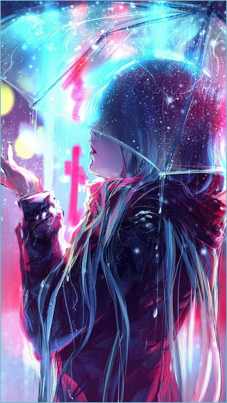 Anime Girl Holding Transparent Umbrella in Neon Rain at Night HD phone wallpaper