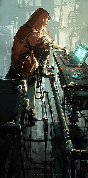 Hacker in Red Hoodie Working on Laptop in Industrial Setting HD phone wallpaper