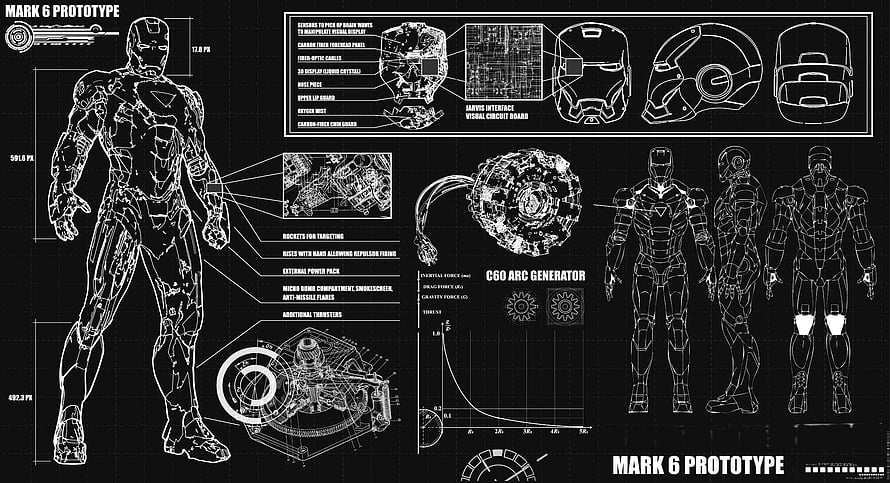 Iron Man Mark 6 Prototype Technical Blueprint and Schematic Diagram, Schematics, iron man blueprint HD wallpaper