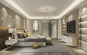 Luxury Modern Bedroom Interior Design With Crystal Chandelier And Gold Accents HD wallpaper