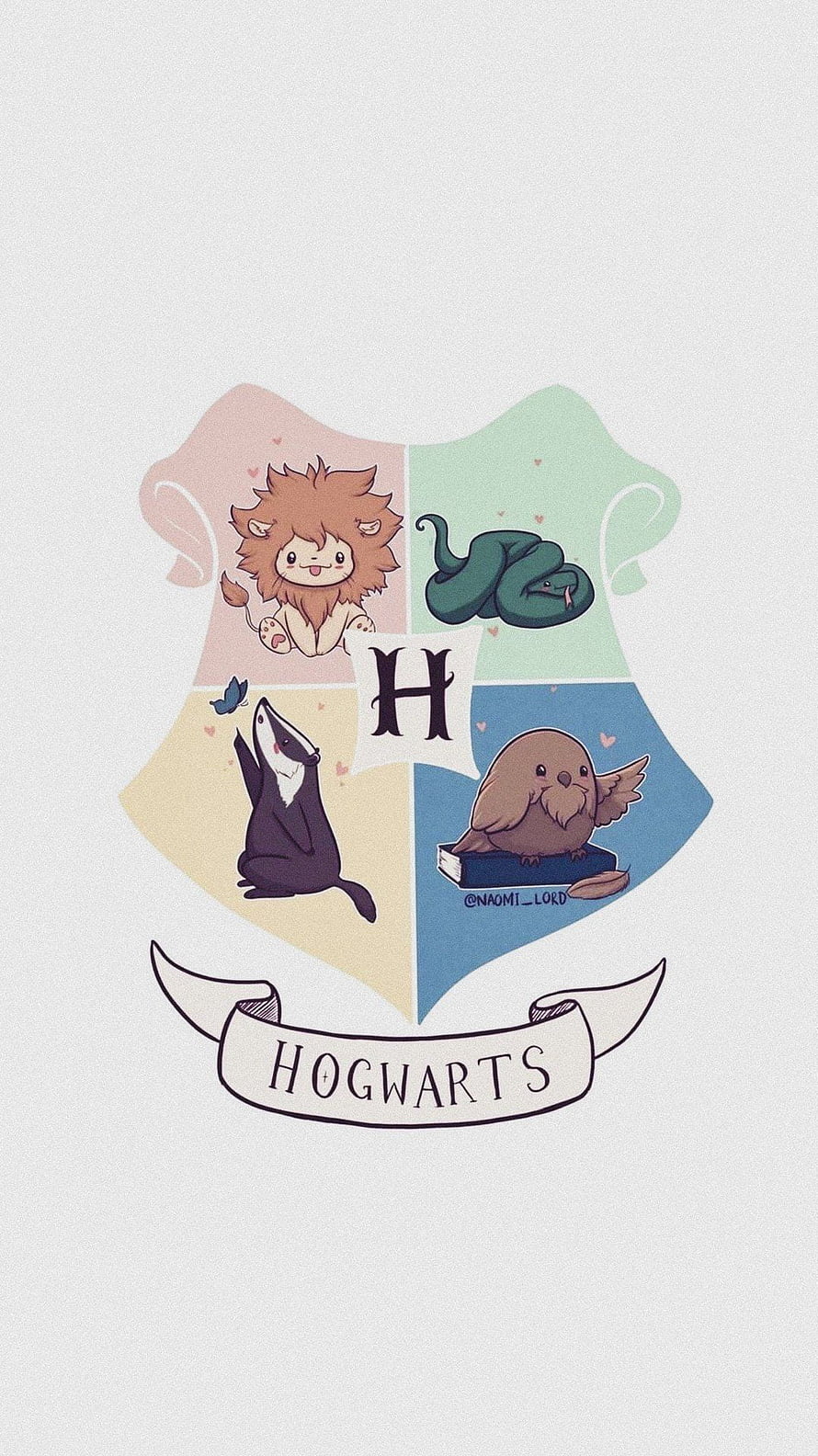 Cute Kawaii Hogwarts Crest with Chibi Lion, Snake, Badger, and Owl on Pastel Shield HD phone wallpaper