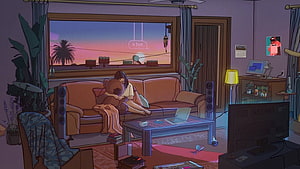 Cozy Lofi Room Illustration With Girl On Couch At Sunset HD wallpaper