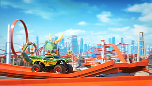 Green Hot Wheels Monster Truck Racing on Orange Track in City Amusement Park HD wallpaper