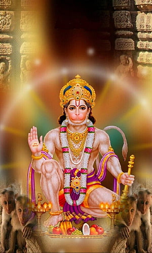 Hanuman Ji Digital Art with Monkeys and Temple Background HD phone wallpaper