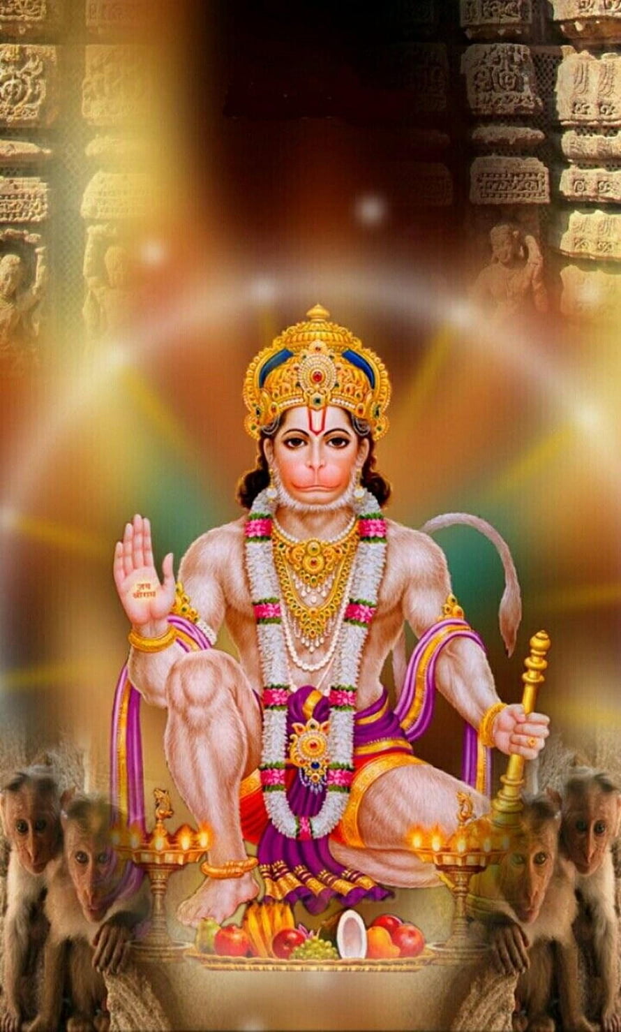 Hanuman Ji Digital Art with Monkeys and Temple Background HD phone wallpaper