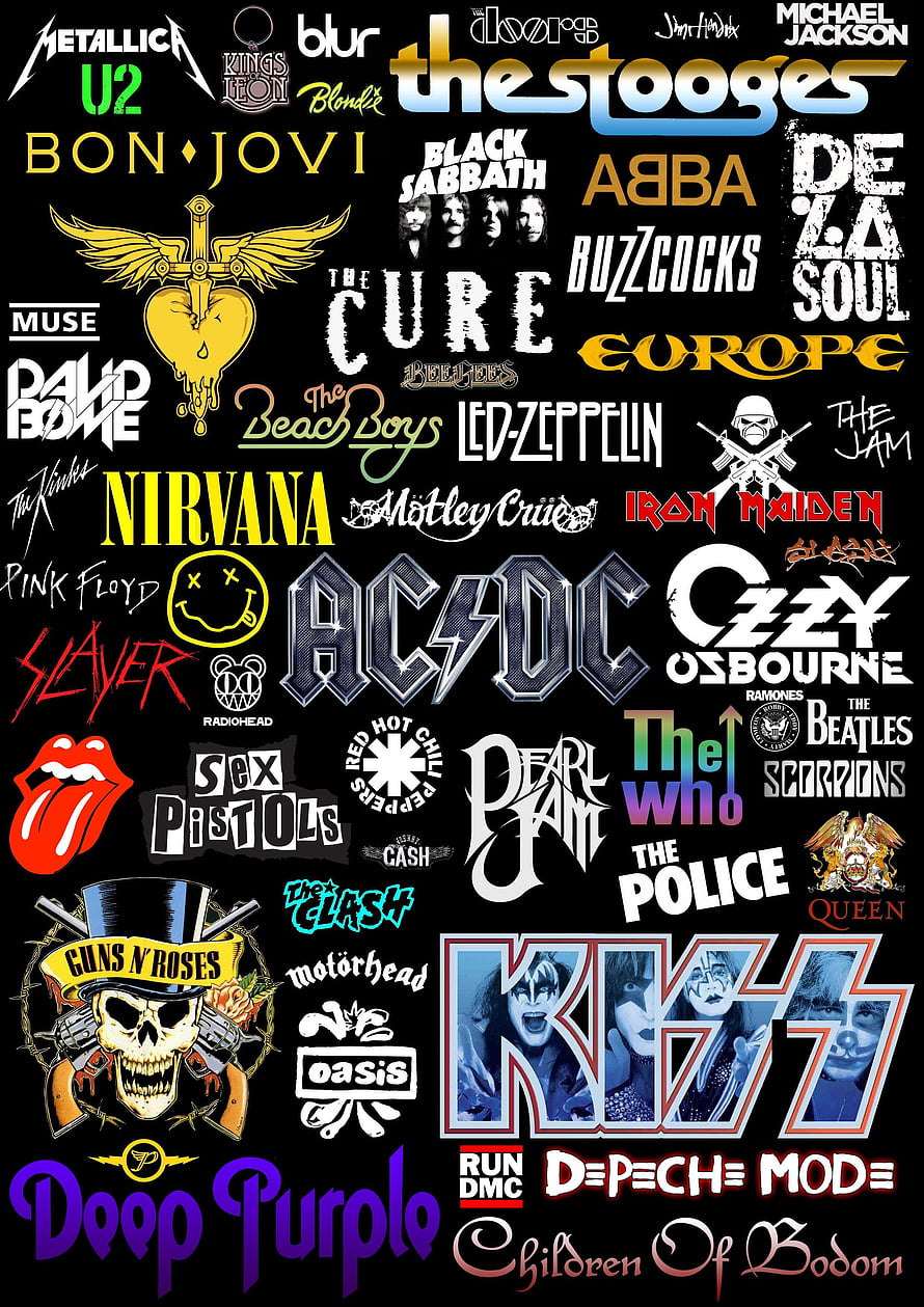 Classic Rock Band Logos and Emblems Collection on Black Background HD phone wallpaper