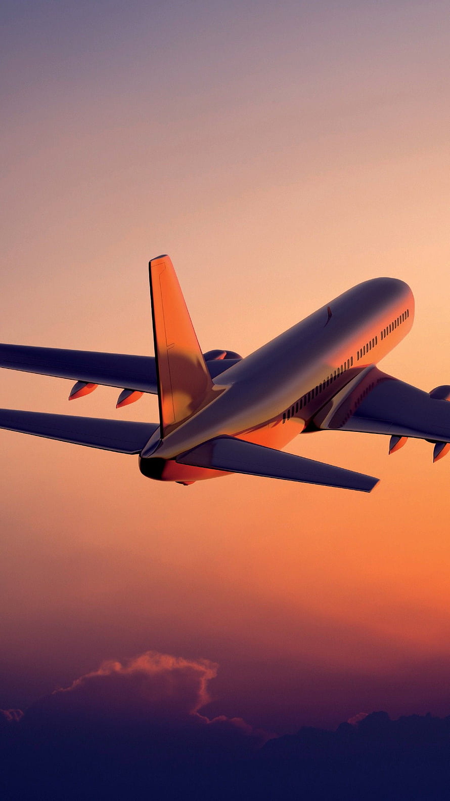 Commercial Jetliner Cruising Through Golden Sunset Sky With Dramatic Clouds Below HD phone wallpaper