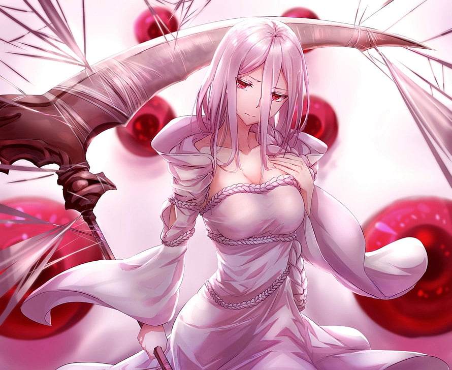 Kumo Desu Ga Nani Ka Anime Character in White Dress with Scythe and Red Orbs HD wallpaper