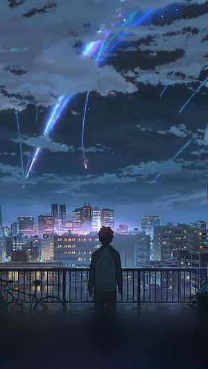 Your Name Anime Night Sky with Meteor Shower Over City Rooftop HD phone wallpaper