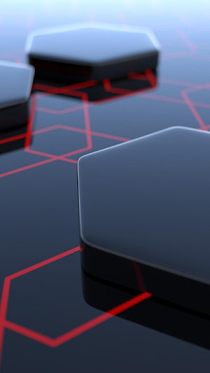 Abstract 3D Hexagonal Tiles with Glowing Red Circuit Lines on Dark Surface HD phone wallpaper