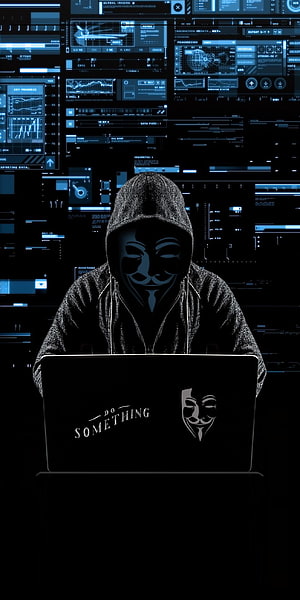 Anonymous Hacker in Guy Fawkes Mask at Laptop with Cybersecurity Dashboard HD phone wallpaper