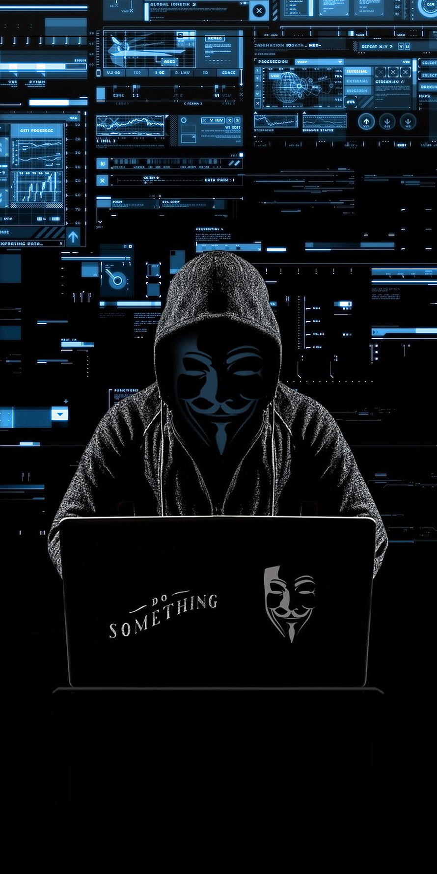 Anonymous Hacker in Guy Fawkes Mask at Laptop with Cybersecurity Dashboard HD phone wallpaper