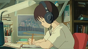 Anime Girl Studying at Desk with Headphones in Cozy Room HD wallpaper