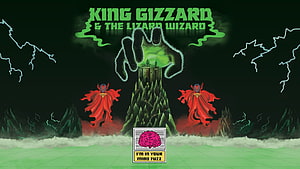 King Gizzard & The Lizard Wizard Dark Fantasy Castle with Red Robed Figures and Green Lightning HD wallpaper