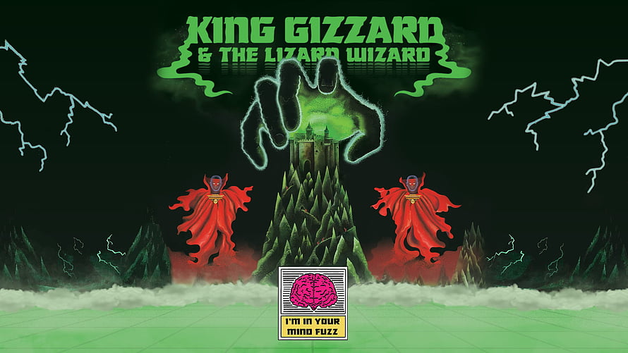 King Gizzard & The Lizard Wizard Dark Fantasy Castle with Red Robed Figures and Green Lightning HD wallpaper