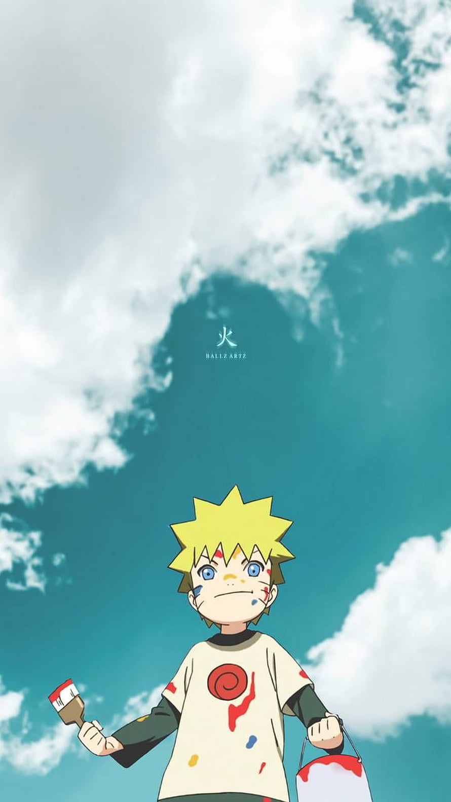 Young Naruto Uzumaki Holding Paint Brush and Bucket Under Cloudy Sky HD phone wallpaper