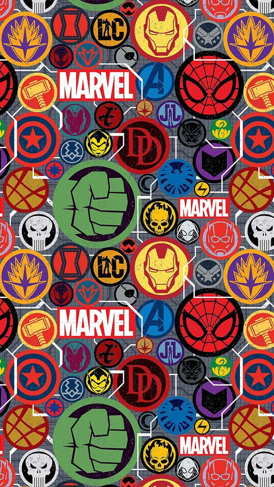 Marvel Comic Book Character Icons and Logos Patterned Wallpaper HD phone wallpaper