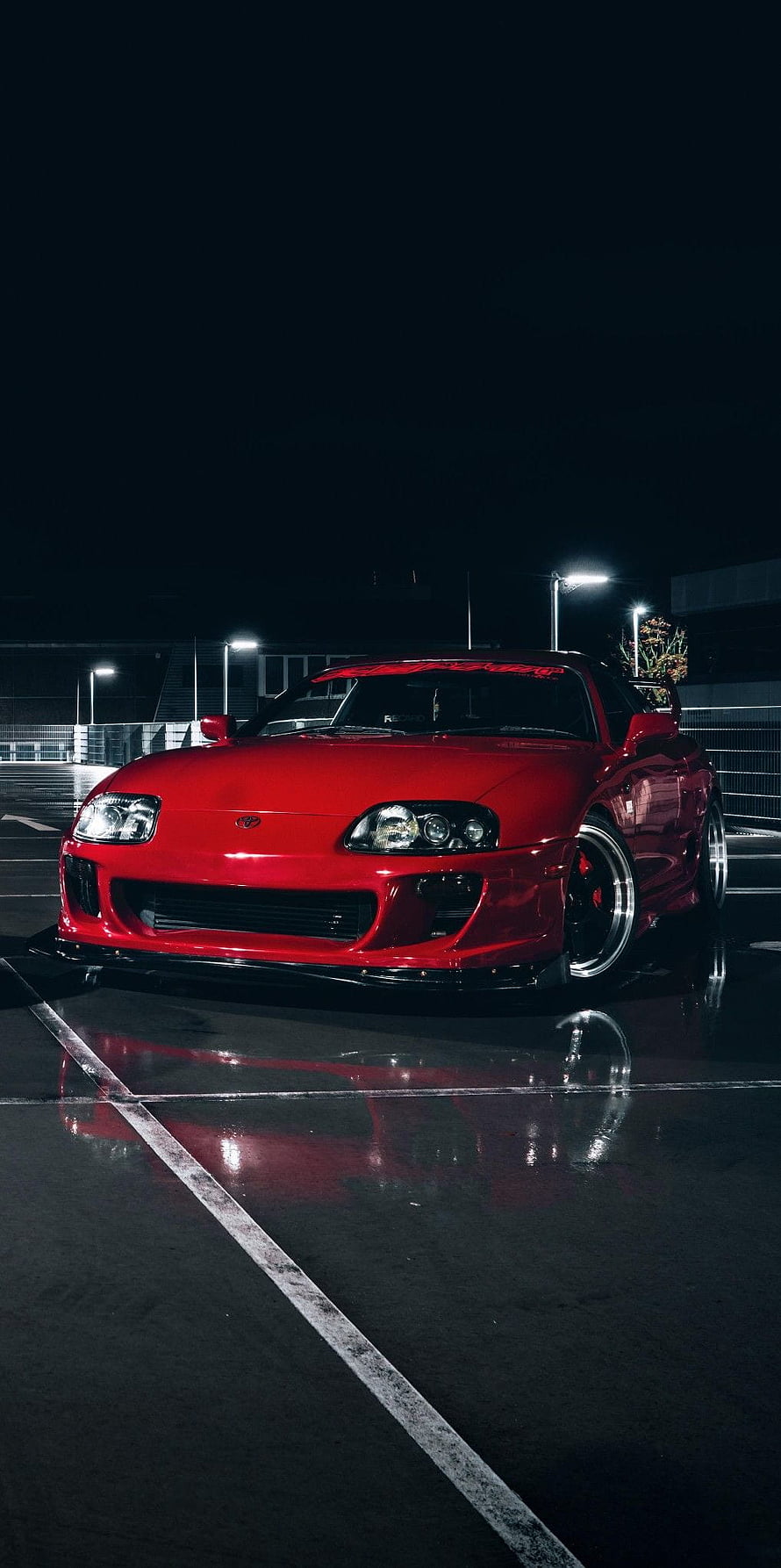 Red Toyota Supra MK4 Widebody Stance in Nighttime Parking Lot HD phone wallpaper