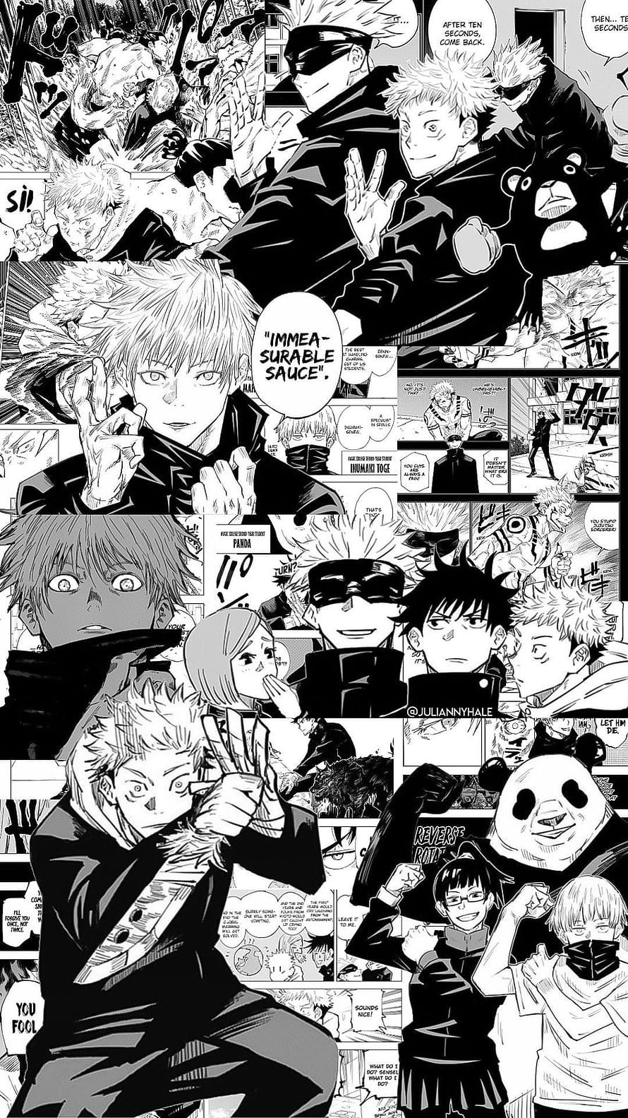 Jujutsu Kaisen Black and White Manga Panel Collage Featuring Gojo Satoru and Panda HD phone wallpaper