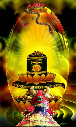 Sacred Shivling on Lotus Pedestal with Nandi and Radiant Golden Aura HD phone wallpaper