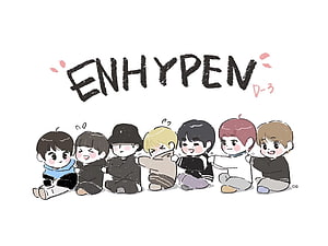 Cute Chibi ENHYPEN Members Sitting Together in a Row with Handwritten Text HD wallpaper