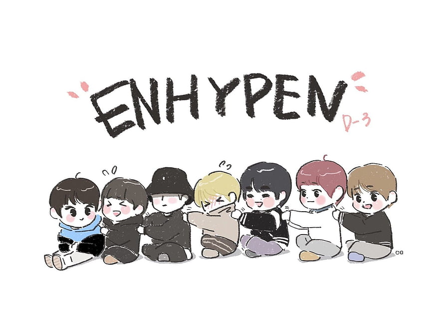 Cute Chibi ENHYPEN Members Sitting Together in a Row with Handwritten Text HD wallpaper