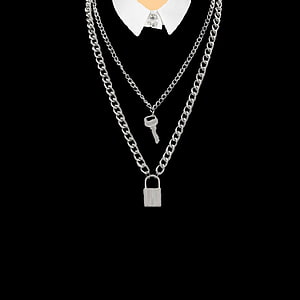 Silver Double Chain Necklace with Padlock and Key Pendant on Black Background HD phone wallpaper