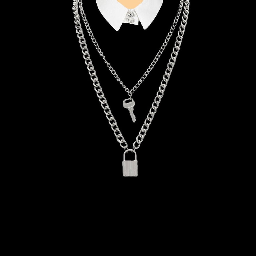 Silver Double Chain Necklace with Padlock and Key Pendant on Black Background HD phone wallpaper