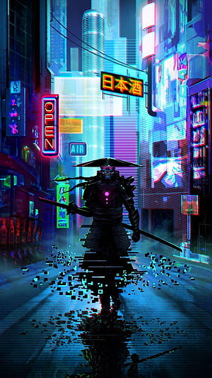 Cyberpunk Samurai Warrior in Neon-Lit Futuristic City Street with Glitch Effects HD phone wallpaper