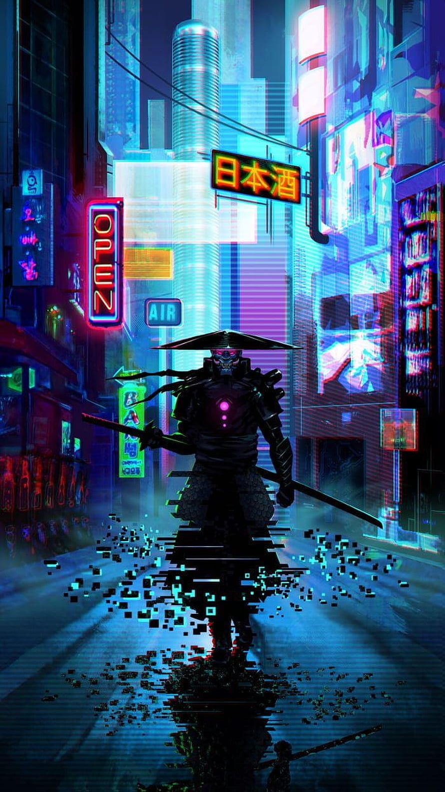 Cyberpunk Samurai Warrior in Neon-Lit Futuristic City Street with Glitch Effects HD phone wallpaper