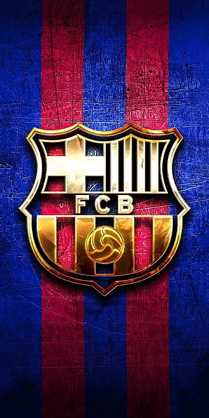 FC Barcelona Gold Crest Emblem on Textured Blue and Red Striped Background HD phone wallpaper