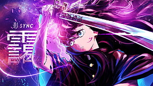Muichiro Tokito from Demon Slayer Wielding His Nichirin Sword in a Dynamic Purple and Blue Anime Scene HD wallpaper