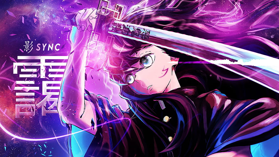 Muichiro Tokito from Demon Slayer Wielding His Nichirin Sword in a Dynamic Purple and Blue Anime Scene HD wallpaper