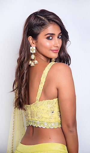 Pooja Hegde in Yellow Embroidered Lehenga Choli with Traditional Jhumka Earrings HD phone wallpaper