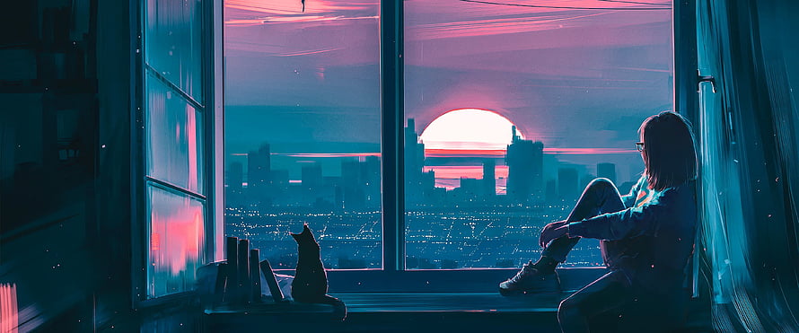 Anime Girl and Cat Silhouette Watching City Sunset Through Window HD wallpaper