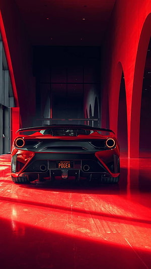 Rear View of a Red Supercar in a Dramatic Red-Lit Architectural Corridor HD phone wallpaper