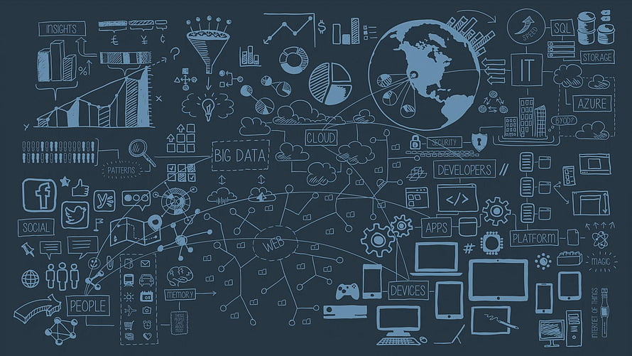 Hand-drawn data science and big data concept illustration with cloud computing and web icons HD wallpaper