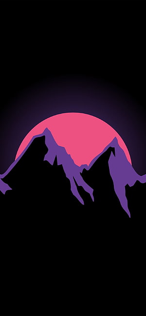 Minimalist AMOLED Mountain Silhouette with Pink Sun and Purple Peaks on Black Background HD phone wallpaper