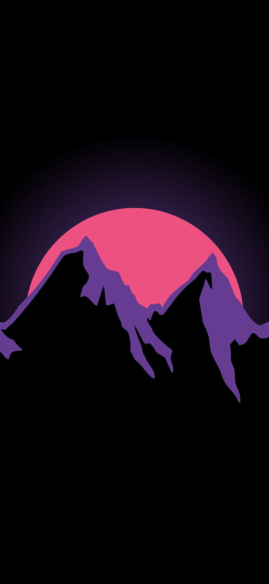 Minimalist AMOLED Mountain Silhouette with Pink Sun and Purple Peaks on Black Background HD phone wallpaper