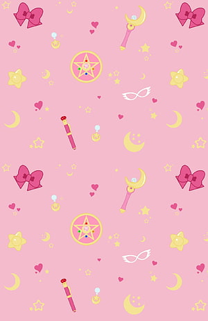 Sailor Moon Pastel Pink Pattern with Stars, Moons, and Magical Wands HD phone wallpaper