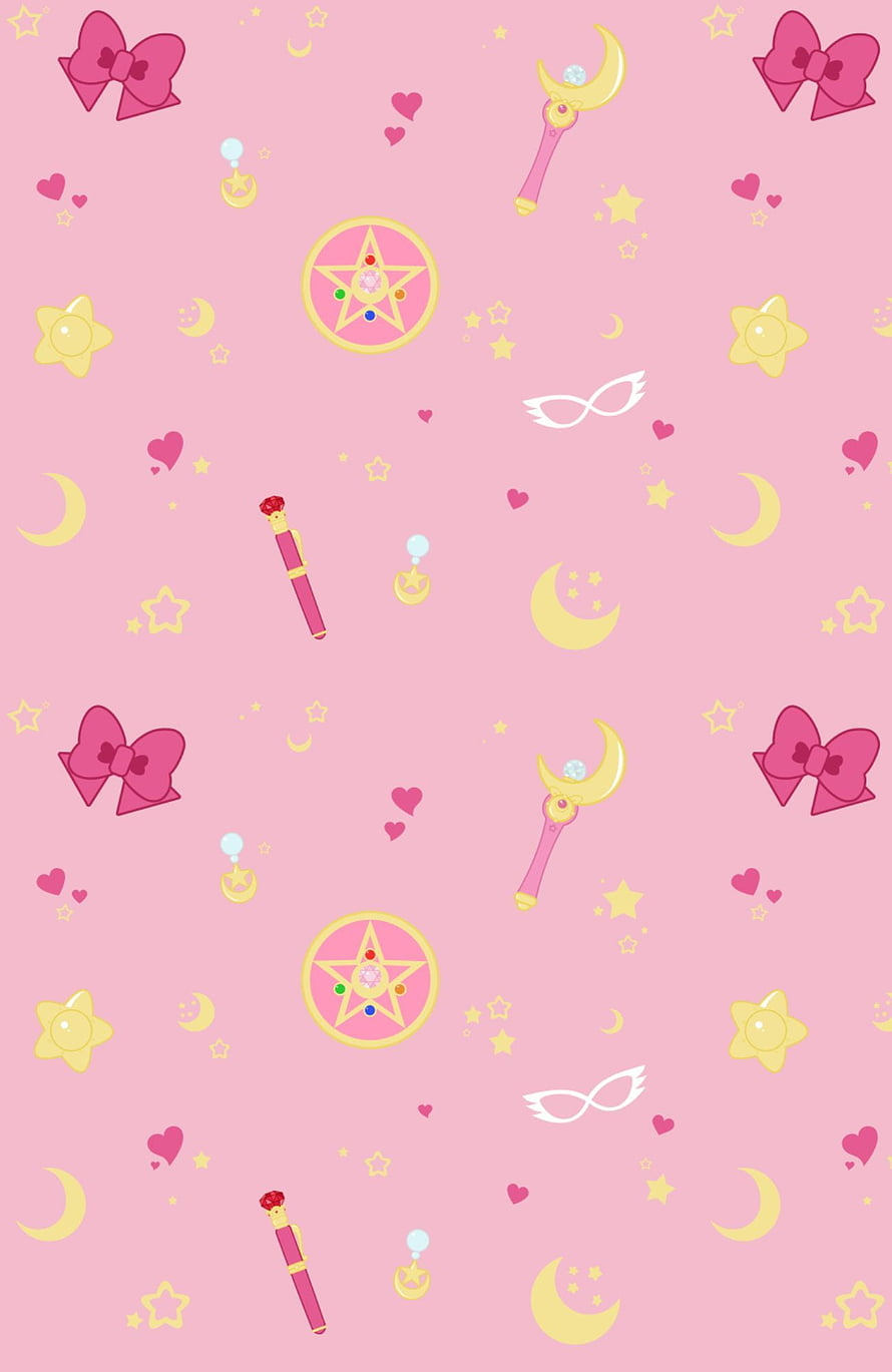 Sailor Moon Pastel Pink Pattern with Stars, Moons, and Magical Wands HD phone wallpaper