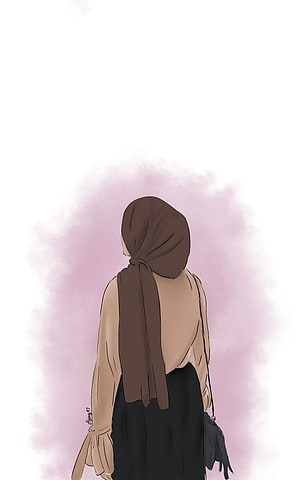 Aesthetic digital illustration of a woman wearing a brown hijab from behind with a soft pink watercolor background, Ilustrasi hijab by @Ajeng47, aesthetic hijab girl HD phone wallpaper