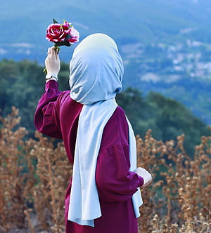 Woman in light blue hijab and maroon dress holding pink roses in a field, Hijab Girl, aesthetic girl hijab HD phone wallpaper